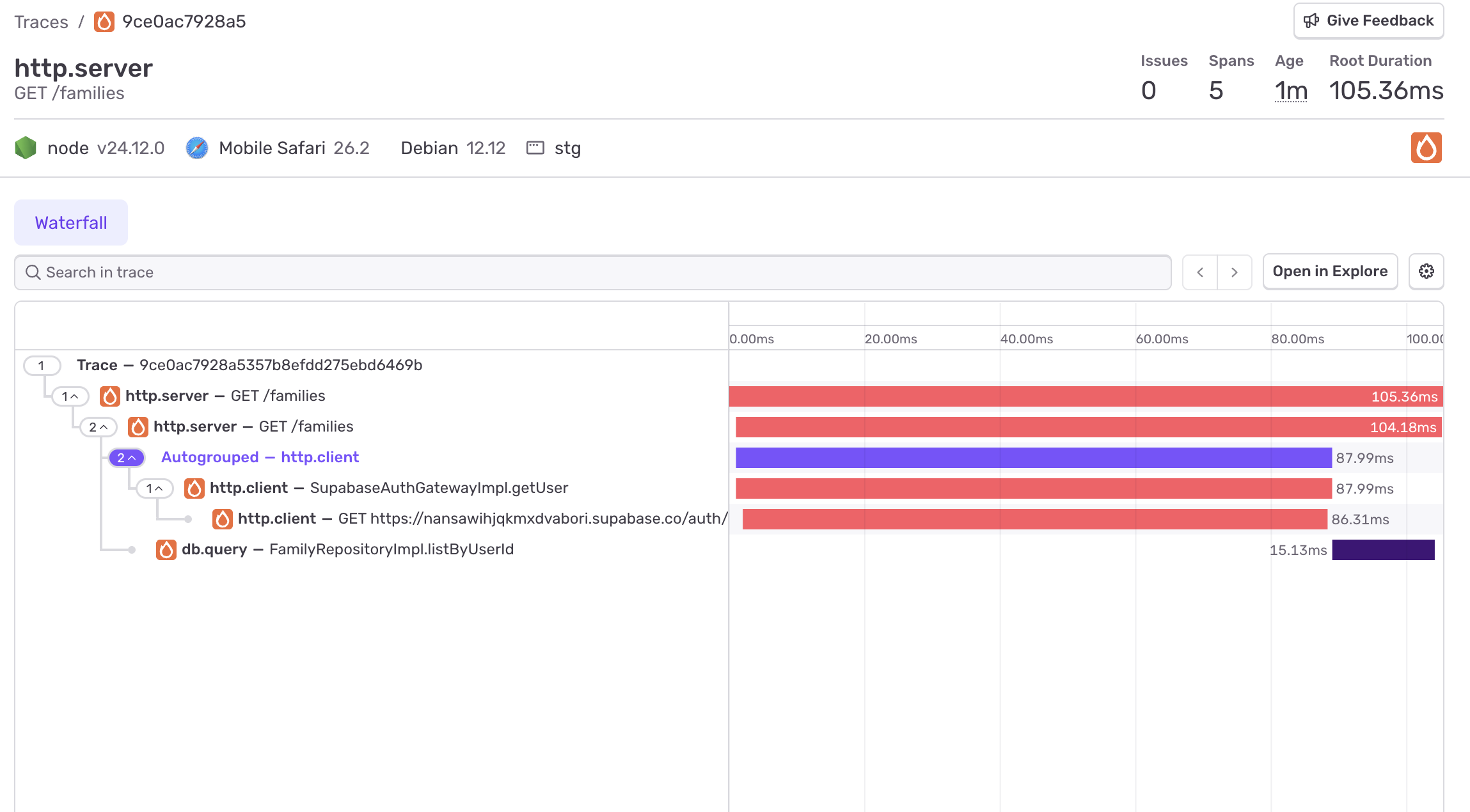 変更前：getUser が 87.99ms かかっている